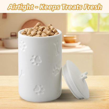 Dog Treat Container Airtight - 9"x5" Large Ceramic Dog Treat Jar for Kitchen Counter, White Dog Cookie Jar with Lid - Farmhouse Style Dog Food Storage Container for Dogs, Cats, Pets