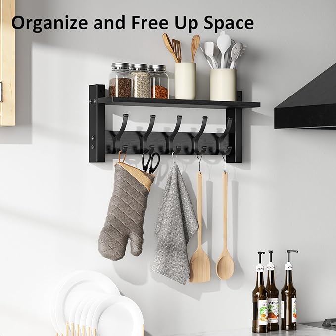 Coat Rack Wall Mount with Shelf, 17.1 Inch Coat Hanger Walls Mounted, Hat Rack for Walls, Shelf with 5 Coat Hooks, Wall Hanger for Entryway (Black)