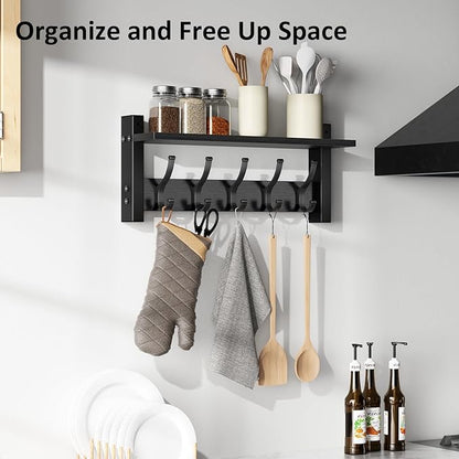 Coat Rack Wall Mount with Shelf, 17.1 Inch Coat Hanger Walls Mounted, Hat Rack for Walls, Shelf with 5 Coat Hooks, Wall Hanger for Entryway (Black)