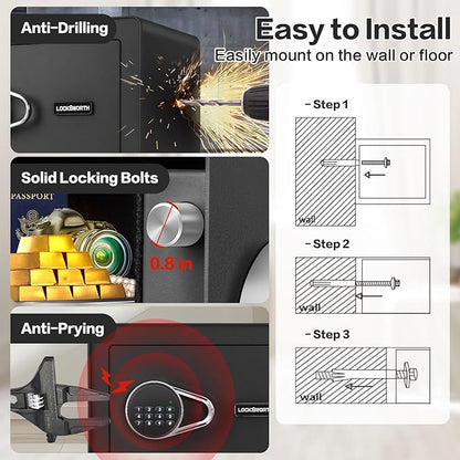Safe for Home, 1.0 Cubic Feet Small Safe with Removable Shelf, Alarm System, Digital Electronic Security Money Box for Cash, Document, Home, Office, Hotel Use, Black, 9.84"D x 13.78"W x 9.84"H