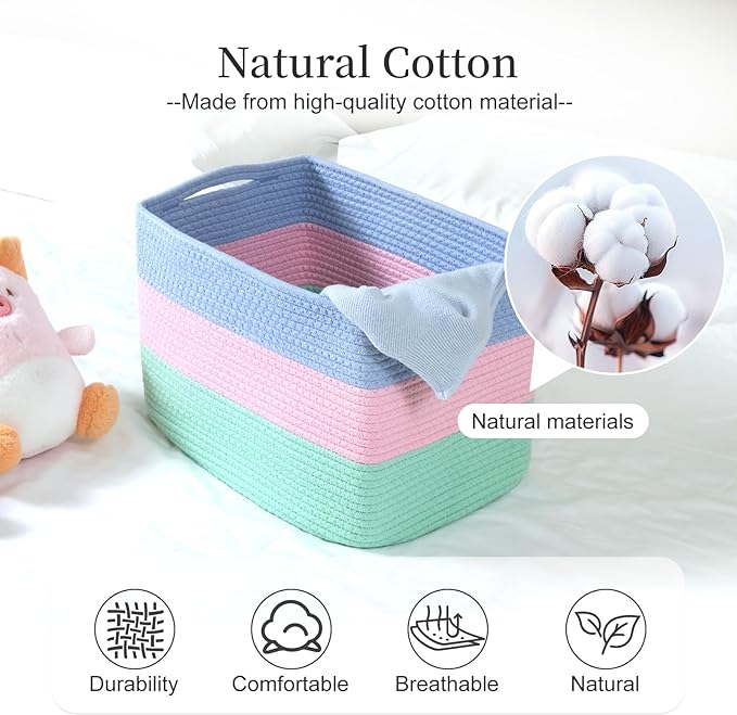 Hopegiver 1 Pack Rainbow Woven Storage Baskets for Shelves, 15x11x10 Inch Cotton Rope Decorative Organizer Bins for Blanket Clothes Book Baby Pet, Colorful Toy Basket for Playroom, Kids Room, Nursery