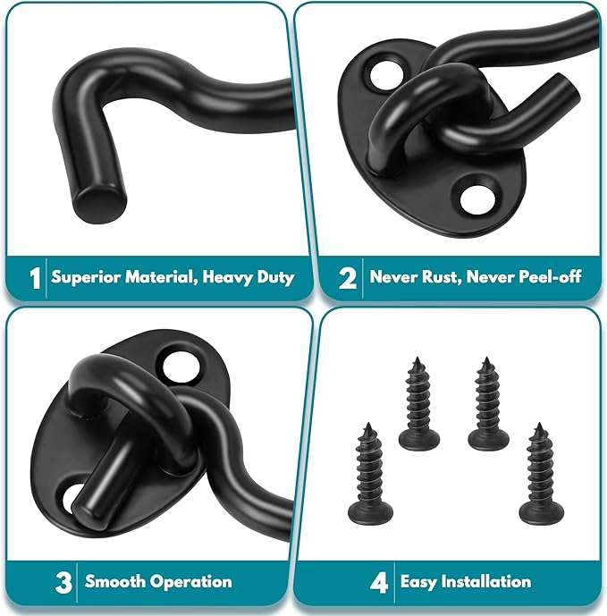 Rainspire (2 Pack) Privacy Hook and Eye Latch for Barn Door, Stainless Steel Gate Latch Barn Door Lock Cabin Hooks for Gate Shutters Window Slide Barn Shed Cabinet Bathroom (Black, 4 Inch)