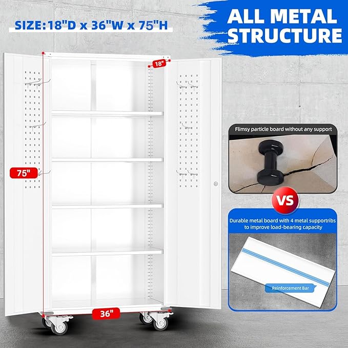 INTERGREAT Metal Garage Storage Cabinets, Lockable Rolling Tool Cabinet with Pegboard and Shelves, 75" Tall Heavy-Duty File Cabinet with Wheels for Garage, Basement, Warehouse, White