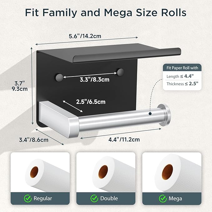 Toilet Paper Holder with Shelf, Adhesive or Screw Wall Mount Toilet Paper Roll Holder for Bathroom, Rustproof 304 Toilet Roll Tissue Holder Dispenser with Phone Shelf (1, Matte Black & Brushed Nickel)