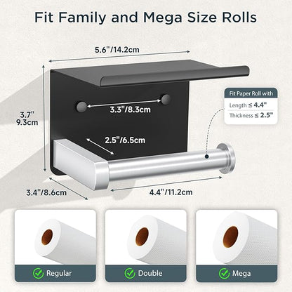 Toilet Paper Holder with Shelf, Adhesive or Screw Wall Mount Toilet Paper Roll Holder for Bathroom, Rustproof 304 Toilet Roll Tissue Holder Dispenser with Phone Shelf (1, Matte Black & Brushed Nickel)