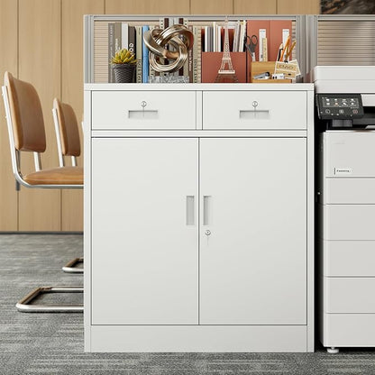 BESFUR Metal Storage Cabinet, Garage Storage Cabinet with 2 Drawers and Adjustable Shelf, Locking Short Storage Cabinet for Office Garage Home, White Metal Cabinets(36" H x 31.5" W x 16" D)