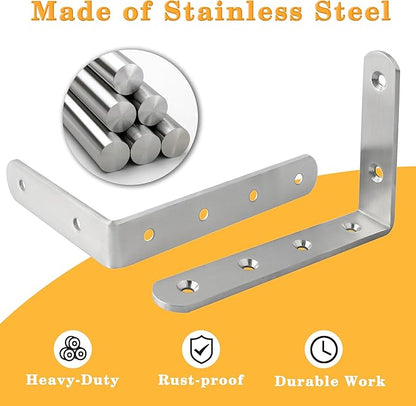 Alise 4mm Thick Shelf Brackets,Floating Shelves Bracket Heavy Duty L Brackets Corner Brace for Walls Wood Board,6X4 Inch Stainless Steel Brackets for Shelves,Brushed Nickel 4 Pcs