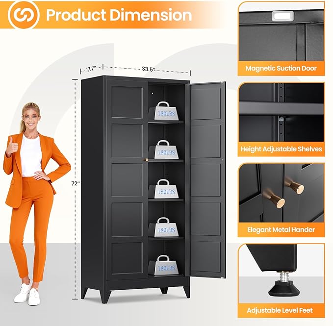72" Tall Kitchen Cabinet Storage Unit With 2 Doors and 4 Adjustable Shelves, Metal Black Freestanding Cupboard, 5 Tier Kitchen Pantry Storage Cabinet for Kitchen Dining/Living Room/Garage/Home/Office