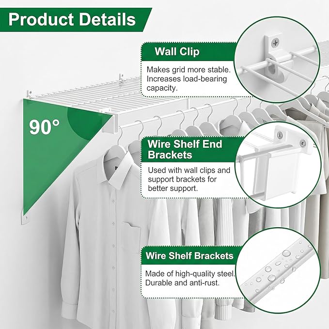 8 Pcs Wire Shelf Brackets, 12 Inch White Shelf Support Bracket for Wire Shelving with 10 Wires Shelves Clips and 4 End Brackets, Metal Closet Support Bracket for Closet Shelves Racks and Wardrobe