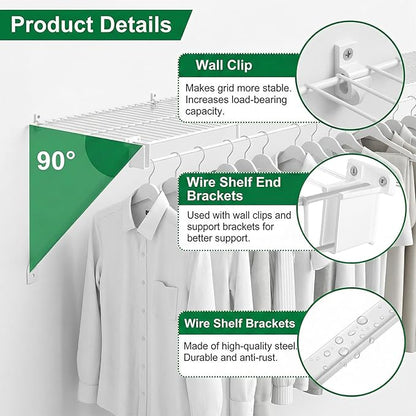 8 Pcs Wire Shelf Brackets, 12 Inch White Shelf Support Bracket for Wire Shelving with 10 Wires Shelves Clips and 4 End Brackets, Metal Closet Support Bracket for Closet Shelves Racks and Wardrobe