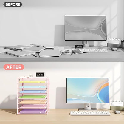 Paper Organizer with Handle Metal Mesh File Sorter Large Capacity Desk Organizers Paper Letter Tray Desktop Document Sorter for Office or Home2 Pack 8 Tier Pink Storage for Desk