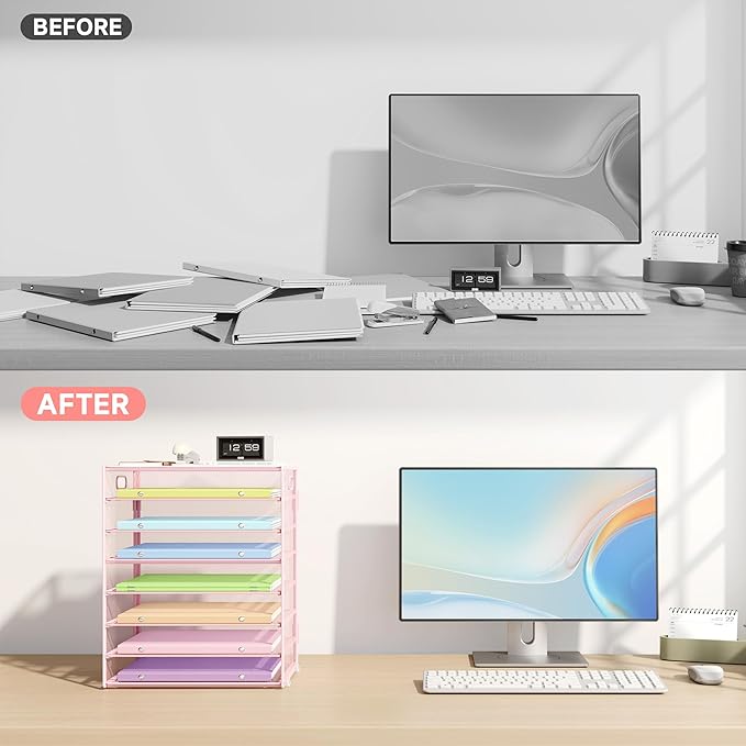 8 Tier Paper Organizer with Handle, Metal Mesh Desk File Organizer, Large Capacity Desk Organizers Paper Letter Tray Desktop Document Sorter for Office, Home or School - Pink