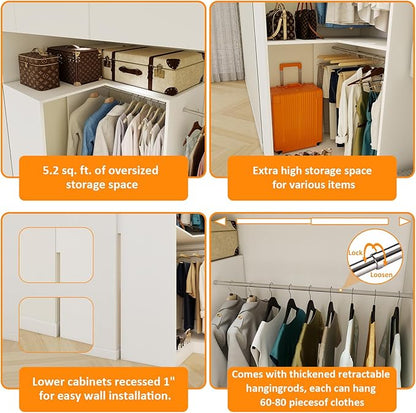 Corner Closet System with 3 Hanging Rods, 30.8”-70.2” L Shaped Freestanding Closet Organizer for Walkin Closet, Corner Wardrobe, White