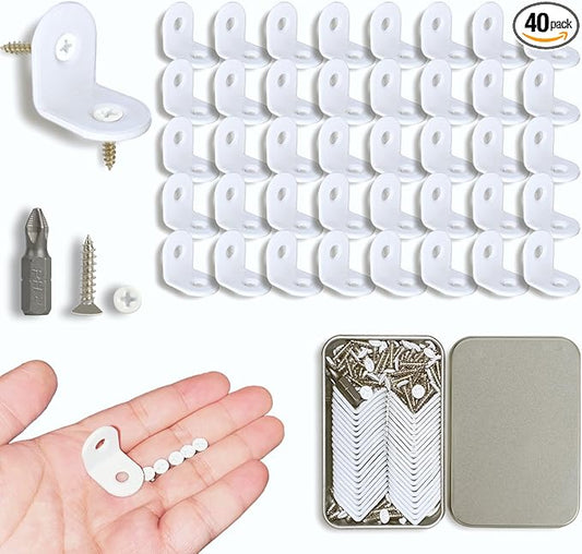 40 Pcs Small White L Brackets & 80 Pcs White Screws – 0.79x0.79 Inch Right Angle Corner Braces for Wood Furniture, Bed Frames, Cabinets, Drawers, and Chairs