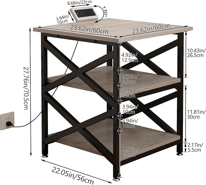 Large Printer Stand with Power Outlet, with Height Adjustable Storage Shelf, 3 Tier Rolling Printer Cart with Industrial Wheels, 23.6 x 23.6 Inches Printer Table for Home Office, Greige