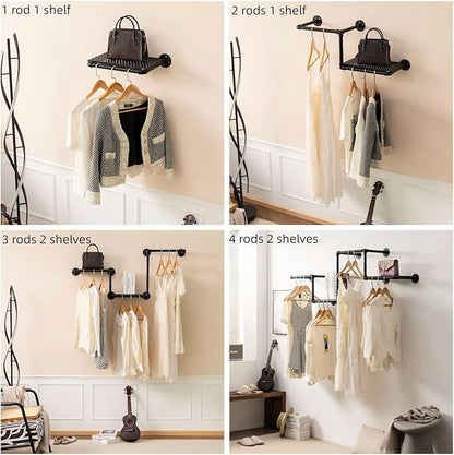 Industrial Pipe Clothing Rack with 2 Floating Shelves, 3 Hanging Rods Wall Mounted Garment Rack, Heavy Duty Iron Clothes Bar, Space-Saving Clothing Hanging Rails for Closet (3 hanging rods 2 shelves)