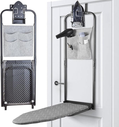 Seiritex Over The Door Ironing Board 14x42 inches with Iron Holder and Pocket Storage Bag, Hanging Iron Board for Home Laundry Room, Black