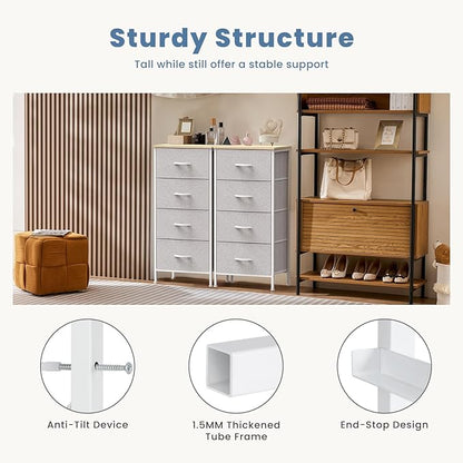 DUMOS Nightstand with 4 Drawers Bedside Table with Removable Fabric Bins Sturdy Steel Frame Wood Top Organizer Furniture for Bedroom Closet Living Room,Light Gray