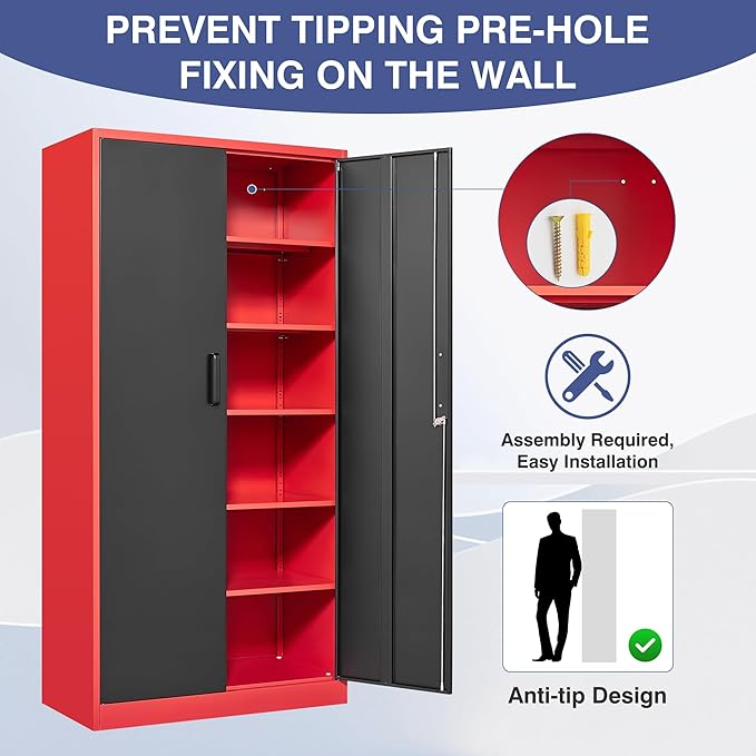 Metal Garage Storage Cabinet with Lock,72 Inch Tall Cabinet with 2 Doors and 5 Adjustable Shelves,Steel Storage Cabinets for Garage,Home Office,Pantry,School(Red & Black)