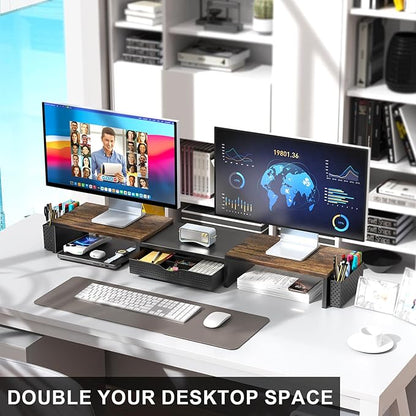 gianotter Dual Monitor Stand Riser, Desk Organizer With Drawer and 2 Pen Holders,Computer Monitor Stand, Desk Shelf for Top of Desk, Wood