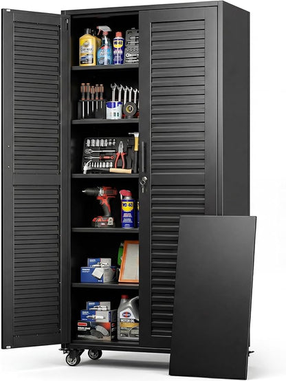 Aobabo Garage Storage Cabinet with Wheels,Lockable Metal Storage Cabinet with 5 Adjustable Shelves for Garage Home,Required Assembly,Black