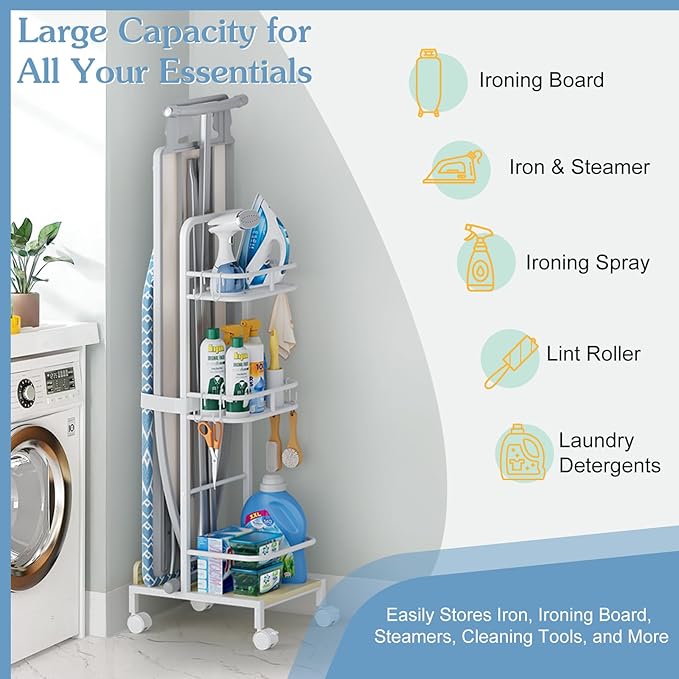 Ironing Board Hanger,Iron and Ironing Board Holder No Wall Mount,Laundry Room Organization and Storage Cart with Iron Stand,Narrow Laundry Shelves Organizer Cabinet,Laundry Room Essentials Accessories