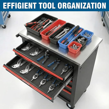 6-Drawer Rolling Tool Chest with Stainless Steel Countertop, Tool Chest with Secure Locking System, Mobile Storage Tool Cabinet with 360°Wheels and Padded Feet for Garage,Home (Black+Red)