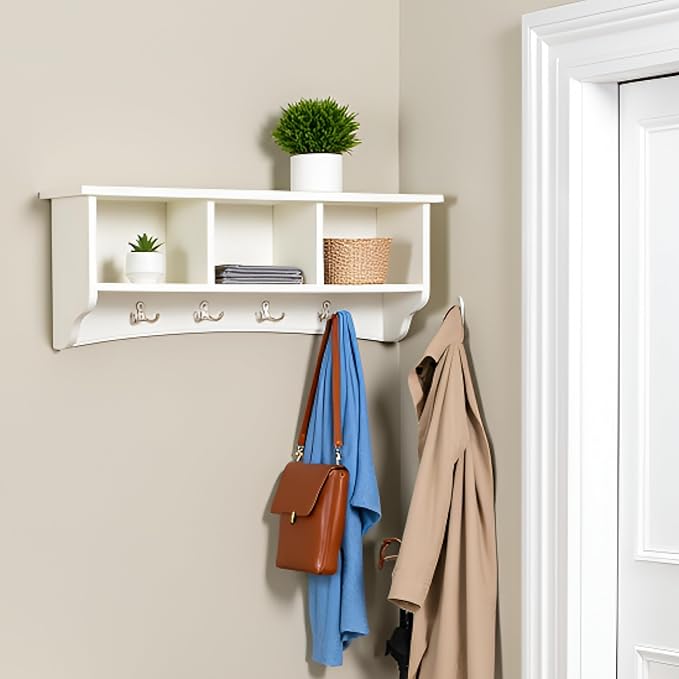 Shaker Cottage 36-Inch Wall-Mounted Coat Rack with 3 Open Shelves – Transitional Entryway Organizer, Mudroom Storage Shelf with 4 Hooks – Space-Saving Wall Storage by Alaterre Furniture (Ivory)