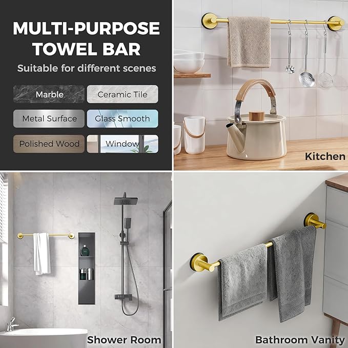 Adjustable Suction Cup Towel Bar for Bathroom Wall,14.6Inch~24 Inch Towel Racks for Bathroom,Stainless Steel Bath Towel Holder for Shower,2 Pack(Brushed Gold)