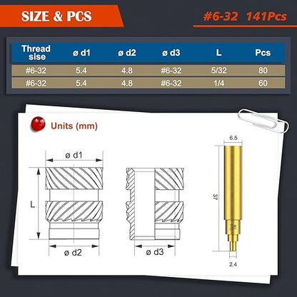 141Pcs #6-32 Threaded Inserts, Female Thread SAE Knurled Nuts Assortment Kit, Brass Heat Set Insert for Plastic and 3D Printing Components(#6-32, L5/32×D5.4 and L1/4×D5.4)