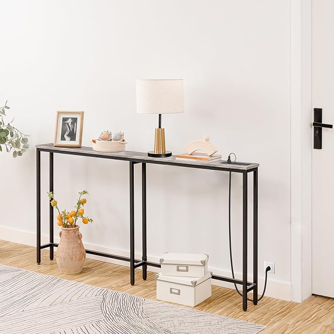 HOOBRO 63" Narrow Console Table with Charging Station, 5.9" Sofa Table with 2 Power Outlets and USB Ports, Long Entryway Tables Behind Couch Table, for Hallway, Livingroom, Greige BG165UXG01