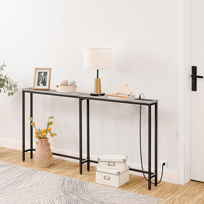 HOOBRO 63" Narrow Console Table with Charging Station, 5.9" Sofa Table with 2 Power Outlets and USB Ports, Long Entryway Tables Behind Couch Table, for Hallway, Livingroom, Greige BG165UXG01