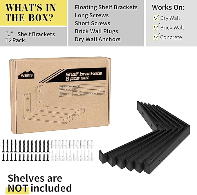 Shelf Bracket, Heavy Duty Floating Shelf Brackets 10-Inch Long, 12-Pack Brackets for Shelves, Black Coated J Shape Metal Wall Shelf Support Brackets with 1/5-Inch Thick and 160 lb. Load Capacity