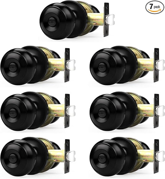 Probrico Black Door Knob 7 Pack, Interior Bedroom Doorknob with Lock, Keyless Door Handles with Inside Privacy Locking Function, Colonial Ball Knob, Universible Levers