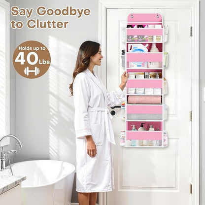 SpaceWhisper Over the Door Organizer, 5 Large Pocket Hanging Storage Organizer with 40lb Capacity, Space Saving for Nursery, Bathroom, Bedroom, Closet - Baby Essentials & Toiletry Organizer (Pink)
