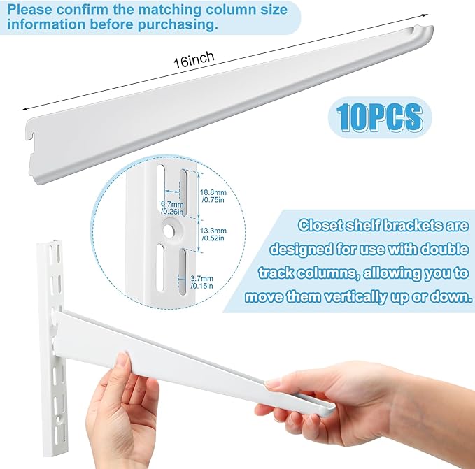 10 Pack Adjustable Shelf Brackets for Double Track System Closet Organization Heavy Duty Wire Shelf Brackets(White,16.5 Inches)