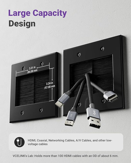 VCELINK 2 Gang Brush Wall Plate (Black, 2 Pack), Cable Pass Through Wire Hider for Cable Management, Compatible with Ethernet Cables, HDMI Cables & Home Theater Systems (Black, with Bracket)