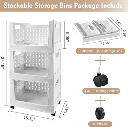 Stackable Plastic Storage Basket, 3 Pack Foldable Closet Organizers and Storage Bins with Wheels, Collapsible Drawer Shelf Storage Box Container for Office Bedroom Closet Wardrobe Kitchen Bathroom