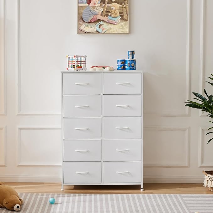 Sweetcrispy 10 Drawer Fabric Dresser Tall Chest Storage Organizer Tower with Cabinet Metal Frame and Wood Top Lightweight Closet Furniture for Bedroom,Cream White