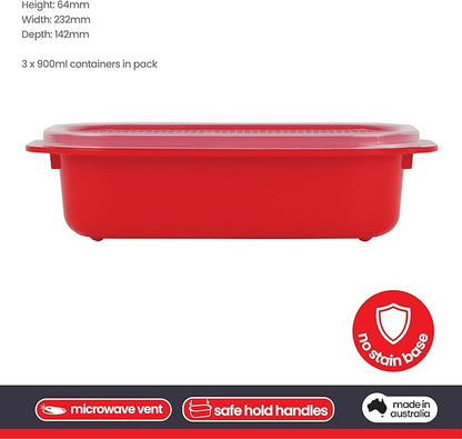 Décor Microwave Food Containers Set | 5 Pack - 2 x 375ml, 3 x 900ml | Steam Release Vent | Dishwasher & Freezer Safe | Red