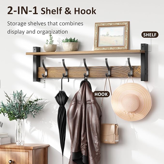 Coat Rack Wall Mount with Shelf, 24 Inch Coat Hanger Walls Mounted, Hat Rack for Walls, Shelf with 5 Coat Hooks, Wall Hanger for Entryway (Brown)