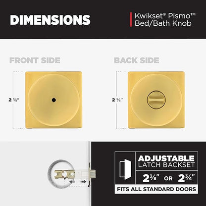 Kwikset Pismo Interior Privacy Door Knob with Lock, Door Handle for Bathroom and Bedroom, Satin Brass, Square, Keyless Turn Lock Doorknob, Microban Protection (Pack of 4)
