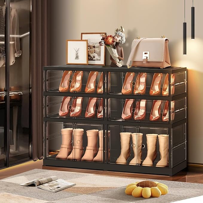 3 Tiers 6-12 Pairs Foldable Shoe Rack for Closet Plastic Stackable Shoe Boxes for Garage Collapsible Shoes Shelf with Doors Storage Organizer Cabinet Quick Assembly,Black