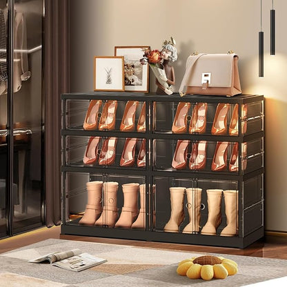 3 Tiers 6-12 Pairs Foldable Shoe Rack for Closet Plastic Stackable Shoe Boxes for Garage Collapsible Shoes Shelf with Doors Storage Organizer Cabinet Quick Assembly,Black