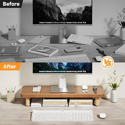 Monitor Stand Riser, 24 Inch Wood Desk Organizer with Monitor Stand & Storage Computer Monitor and Laptop Riser Multifunctional Laptop Stand Desk Organizer for Office Home Screen/Laptop/PC (Walnut)