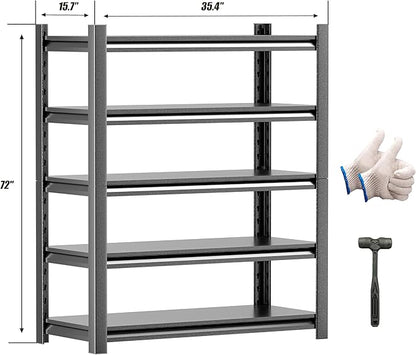 Heavy Duty Garage Shelving Unit, 72" H 2000 LBS Metal Storage Shelves, 5 Tier Adjustable Shelving Units for Organization, Heavy Duty Garage Storage Rack (72''H x 36''W x 16''D)
