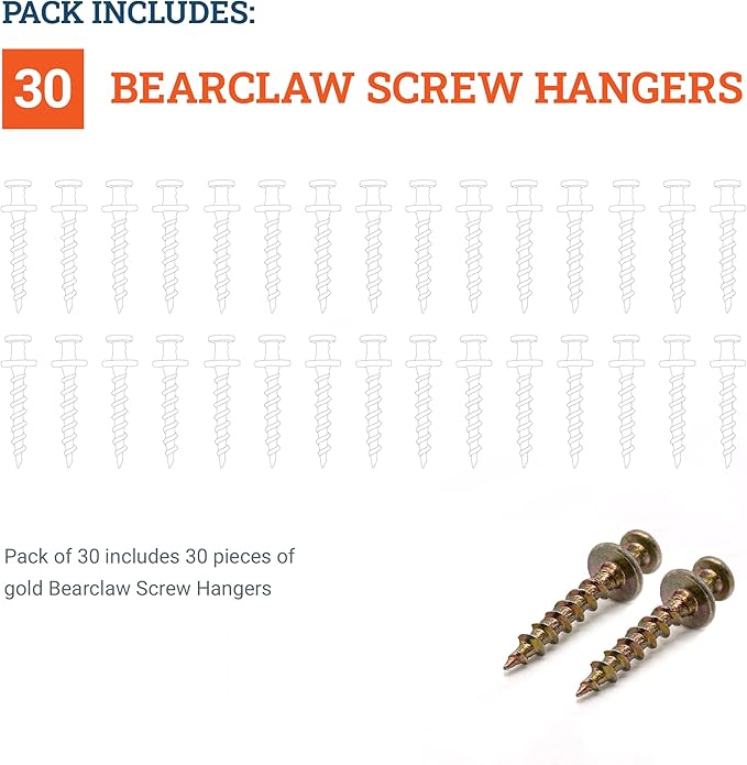 PHS Bear Claw Hanger Screws - 30 Pack Wall Hangers for Pictures - 30 lbs Heavy Duty Picture Hangers for Drywall & Plaster Walls - Gold Picture Hanging Hooks for D-Rings, Sawtooth, Wire and Keyholes