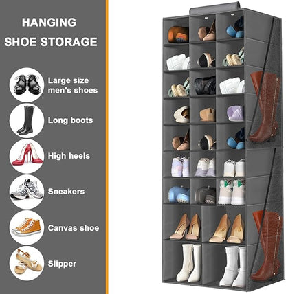 Hanging Shoe Organizer for Closet, Closet Hanging Shoe Storage Rack Holder Shelves,Collapsible Shoe Closet Organizers and Storage with 4 Large Side Pockets,25 Sections for Shoes,Hats,Clothes(Gray)