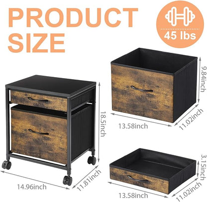 Rolling Mobile File Cabinet Cart with 2 Fabric Drawers A4 Letter Size Beside, Vertical Filing Cabinet on Lockable Wheels, Mobile Printer Stand Storage Under Desk for Home Office(Rustic Brown)