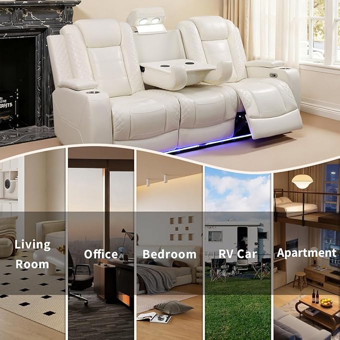 3 Seat Recliner Sofa for Living Room,Living Room Furniture Sets Recling Couch with LED,Soft Creamy White Leather Power Reclining Sofa with Cup Holders,Storage,Breathing Leather for Home/Office